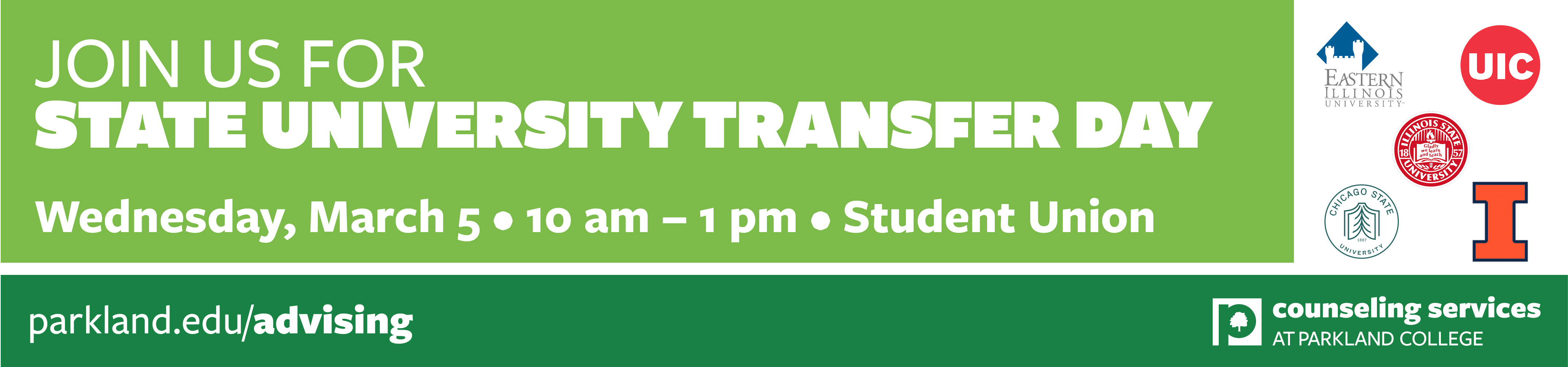 State University Transfer Day March 5, 10–1, Student Union 