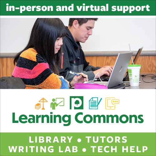 Visit the Learning Commons for library, tutoring, writing lab, and tech help.