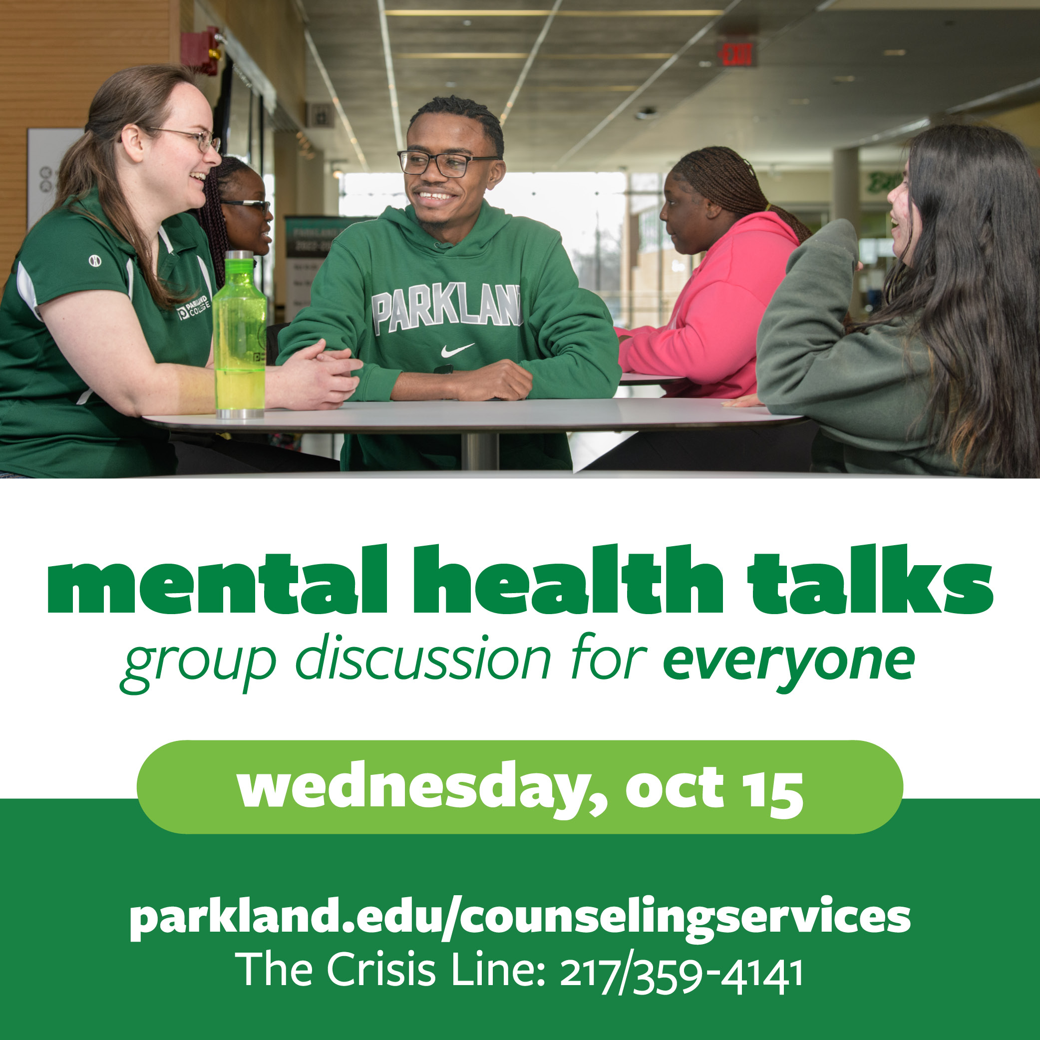 Mental health talks group discussion for everyone on Wednesday, October 15. 